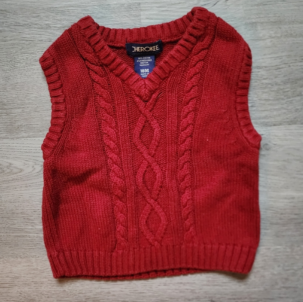 Cherokee Boy's Infant Vintage Solid Red V-Neck Knit Sweater Vest 18 Months 18M